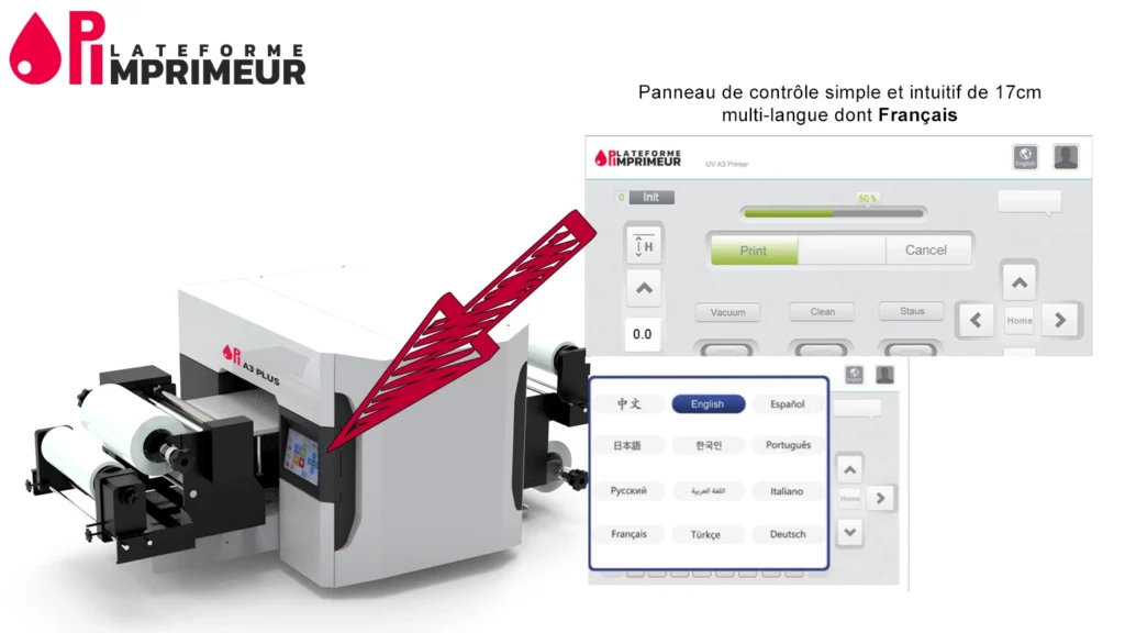 Ecran de contrôle large sur imprimante UV-DTF PIA3 PLUS Large panneau de contrôle intuitif et en français