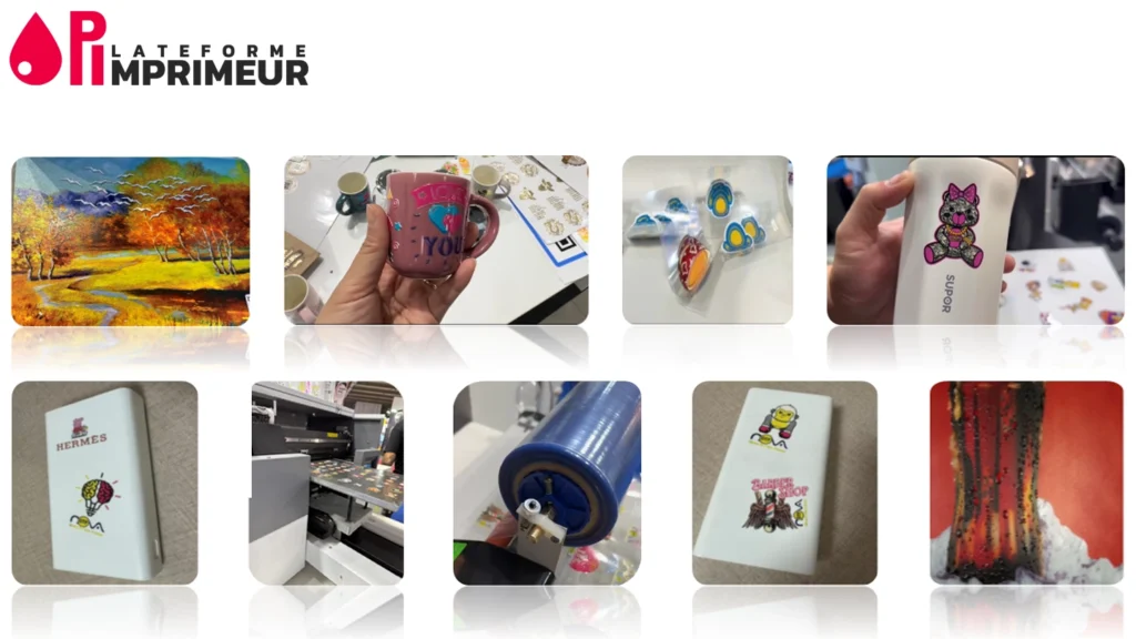 exemple de réalisations réalisées sur imprimante UVDTF Exemple des différents types d impression imprimante UV DTF PIA3 PLUS