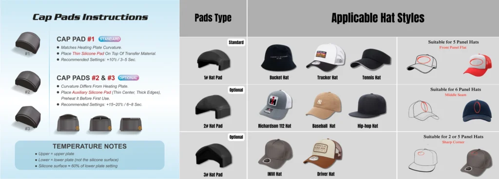 Explicatif des différents blocs silicone pour presse à casquette pas cher professionnelle PiPresse Casquette Pro